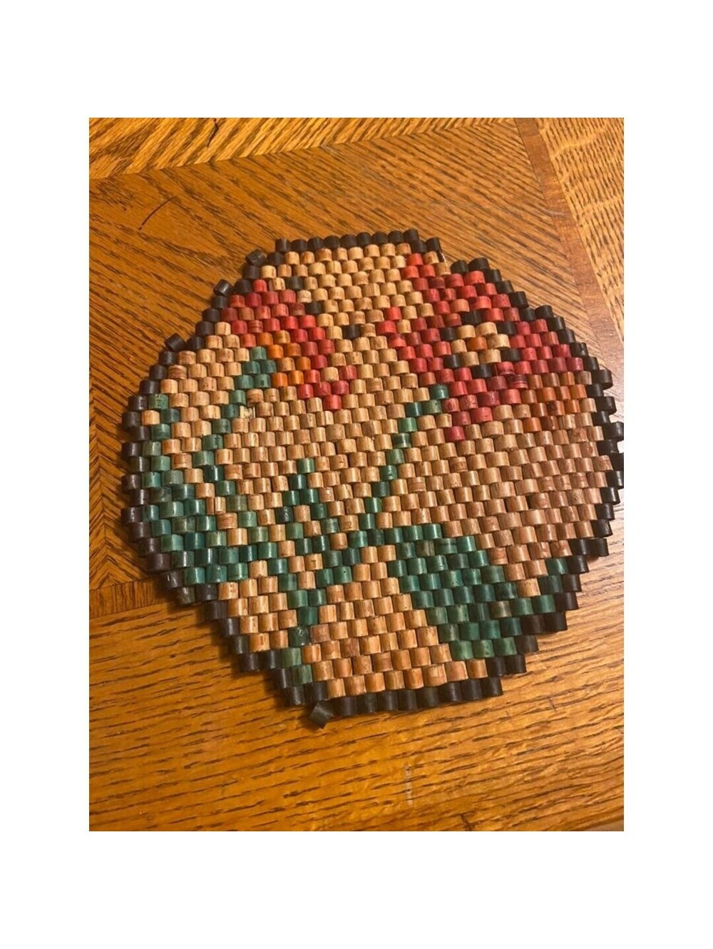 Vintage wood bamboo bead trivet flower